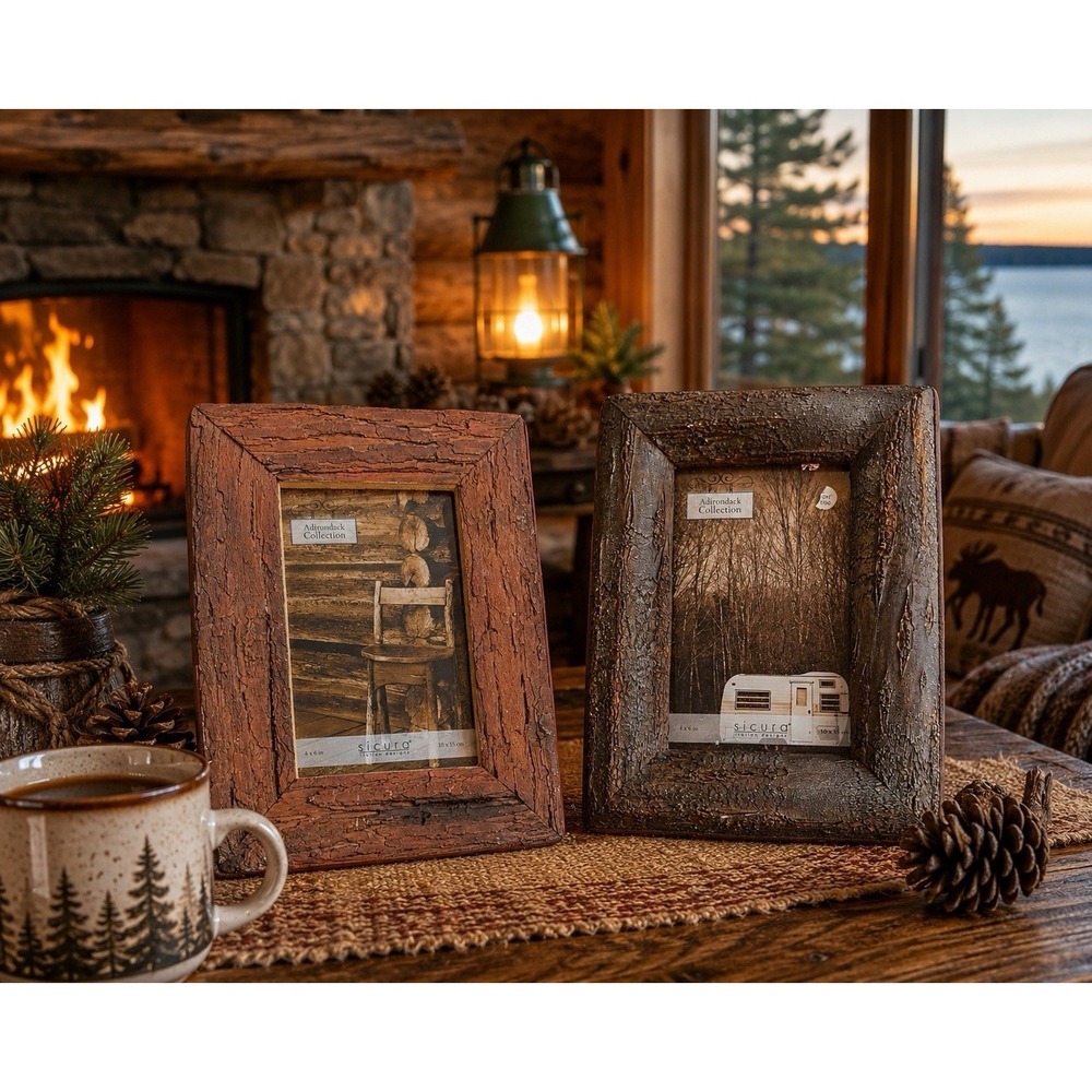 Sicura Adirondack Collection Faux Bark Resin 2, 4x6 Picture Frames Rustic Cabin